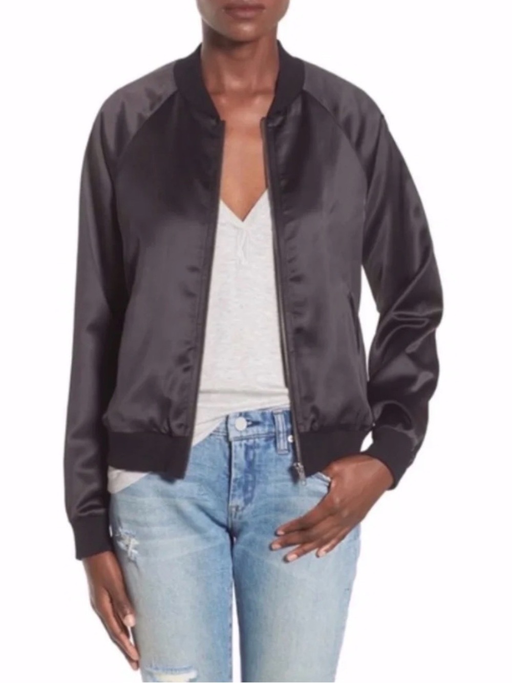 Mural Black Satin Varsity Bomber Jacket Size Medium
